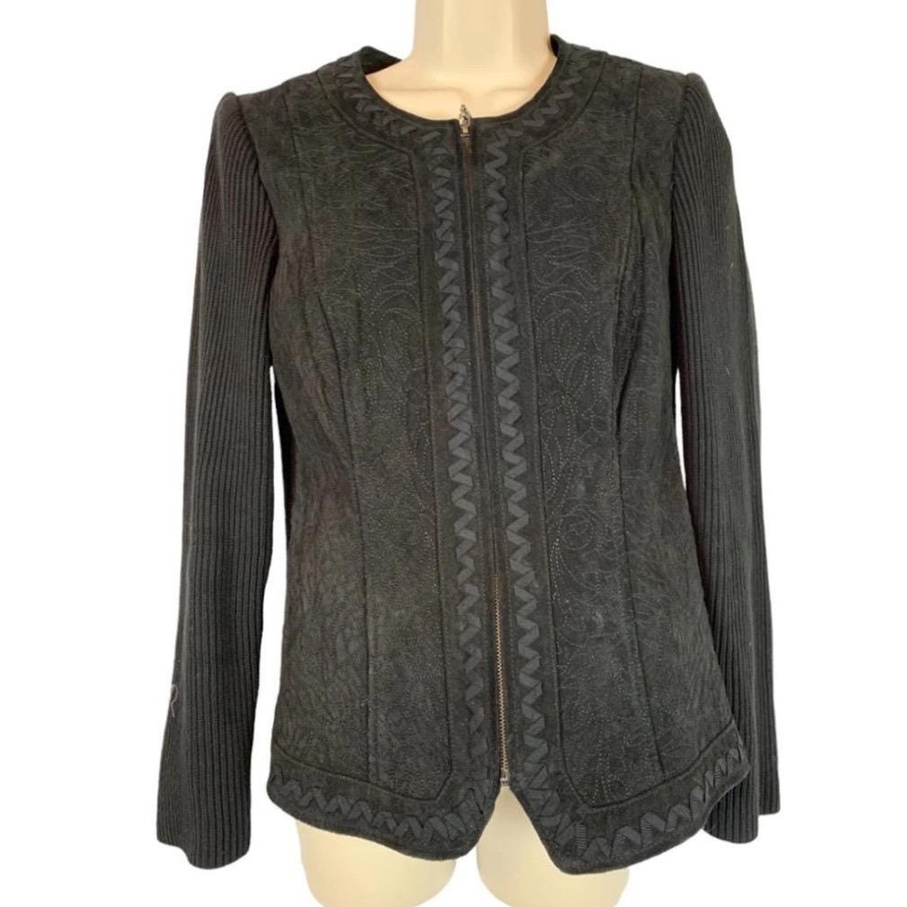 VTG Peter Nygard Black Suede Floral Embroidered Zip Front‎ Jacket Size S